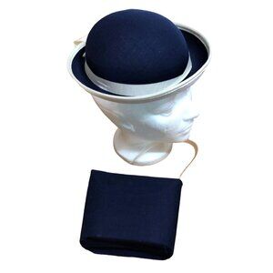 Girls Bowler Hat Navy White Ribbon Purse Handbag Pocket Book Easter Formal
